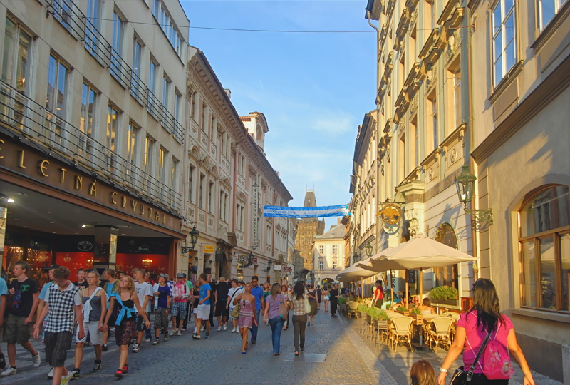 7 - Celetná Street in the Old Town of Prague, Czech Republic, looking down the pedestrian zone toward the iconic Powder Tower